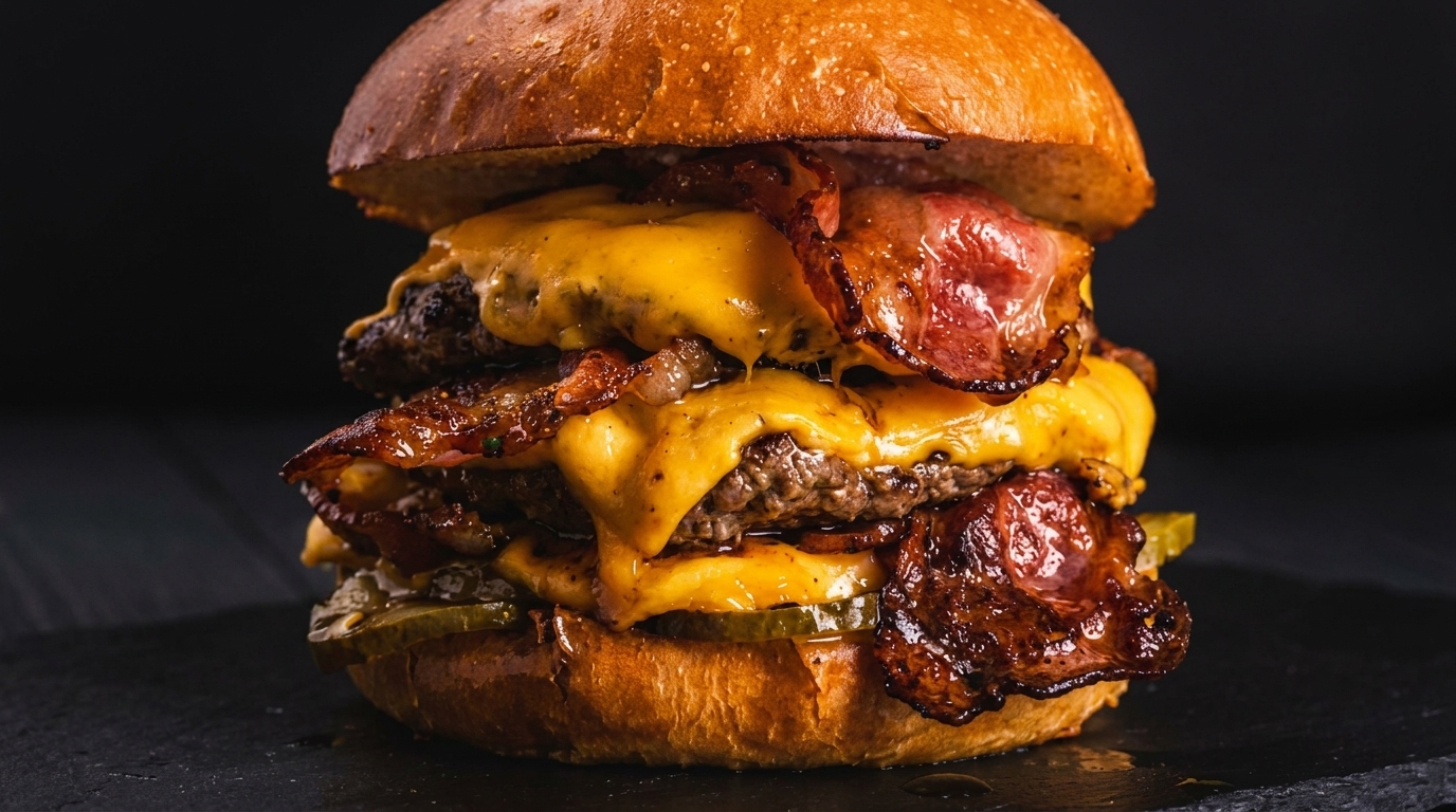 A towering double bacon cheeseburger with melted cheese, crispy bacon, and pickles on a brioche bun.