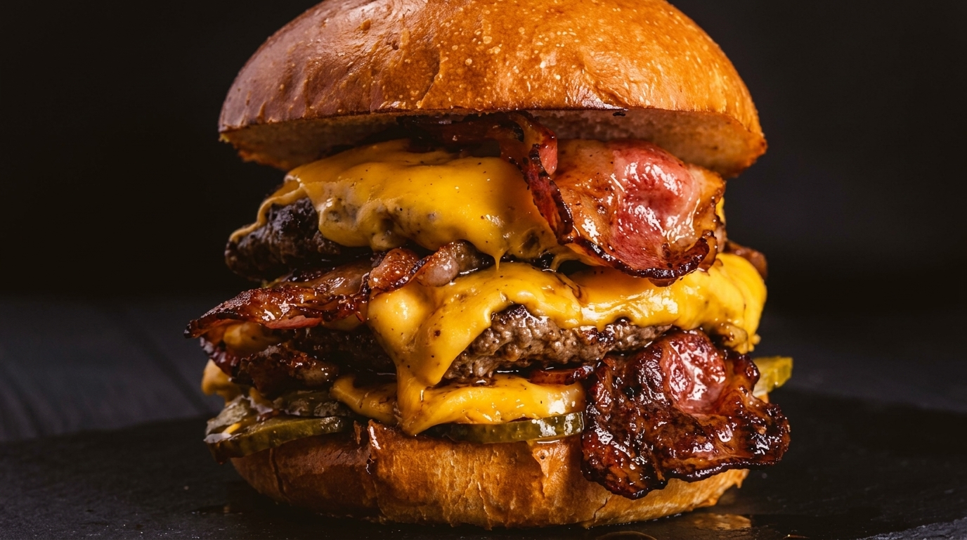 Close-up of a double cheeseburger with melted cheese, crispy bacon, and pickles on a brioche bun.