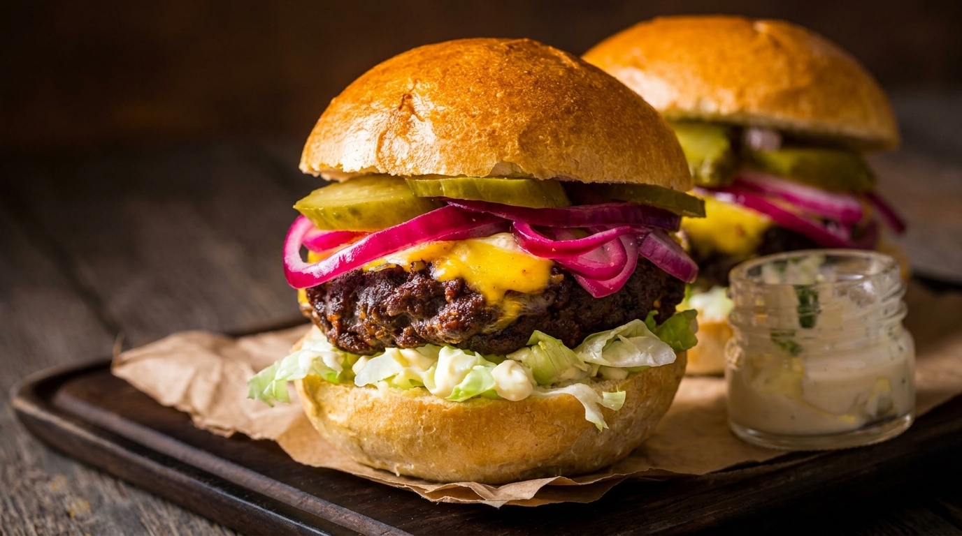 Two gourmet cheeseburgers with pickles, red onions, lettuce, and sauce on a wooden board.
