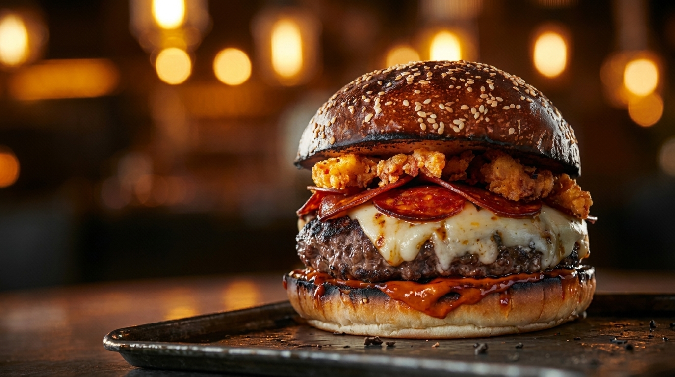 A gourmet burger with melted cheese, pepperoni, and crispy toppings on a sesame bun.