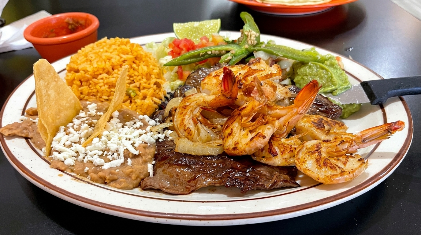 A Mexican surf and turf plate with grilled shrimp, steak, rice, refried beans, guacamole, and salsa.