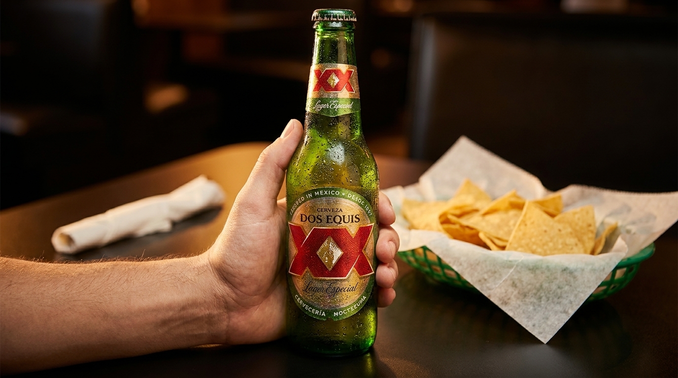 A hand holding a cold Dos Equis beer bottle next to a basket of tortilla chips.