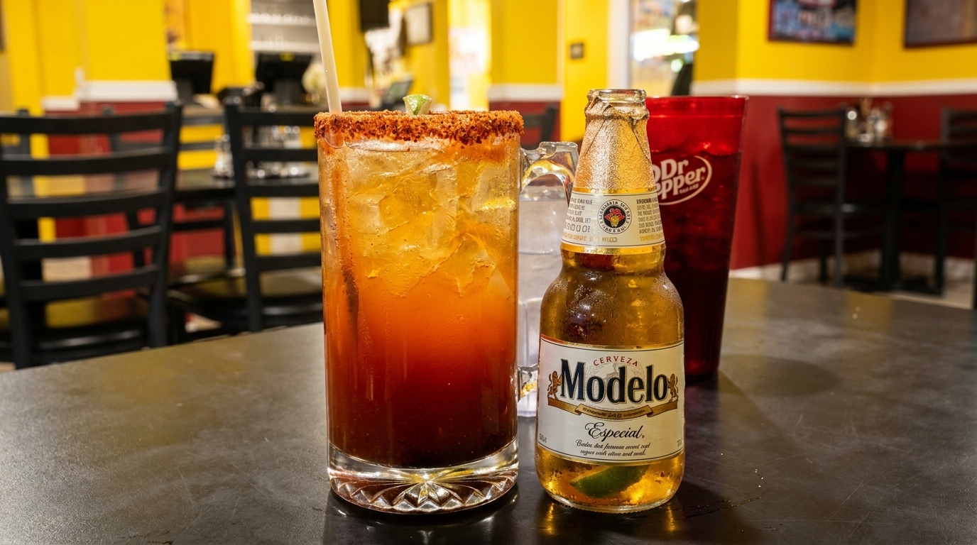 A Modelo Especial beer, a michelada, and a Dr. Pepper on a table in a vibrant restaurant.