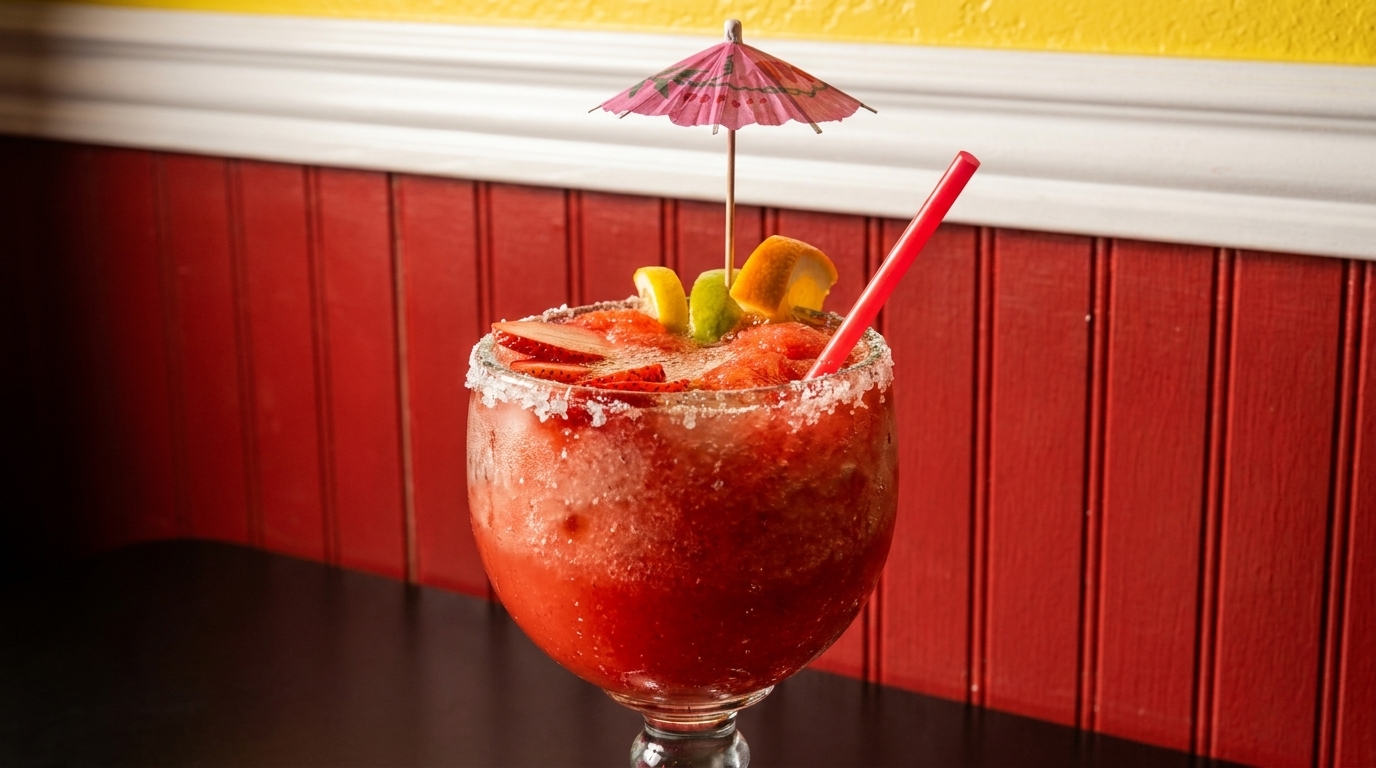Strawberry margarita with a salted rim, fruit garnishes, a red straw, and a pink umbrella.