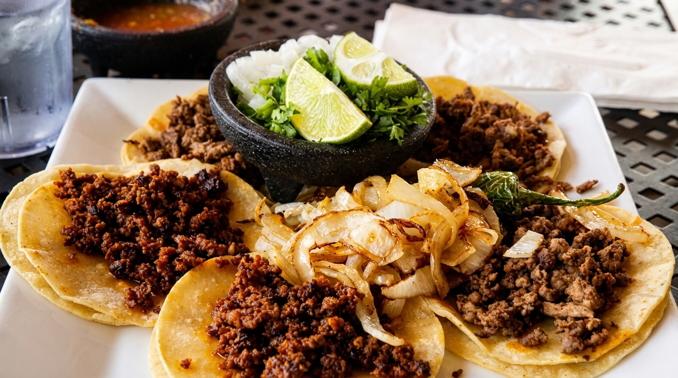 A plate of tacos with various meat fillings, grilled onions, a jalapeño, and a side of lime and cilantro.