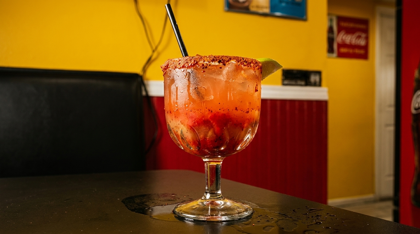 A vibrant red drink with a chili-lime rim and lime wedge, on a black table in a restaurant.
