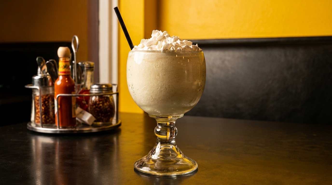 A creamy milkshake with whipped cream and a black straw sits on a table next to a condiment caddy.