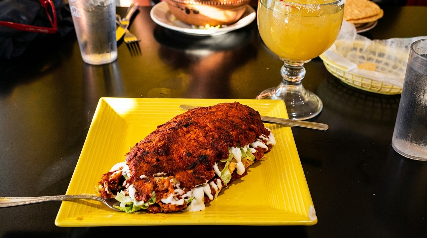 A large, crispy, red-brown Mexican torta sandwich on a yellow plate with lettuce and crema.