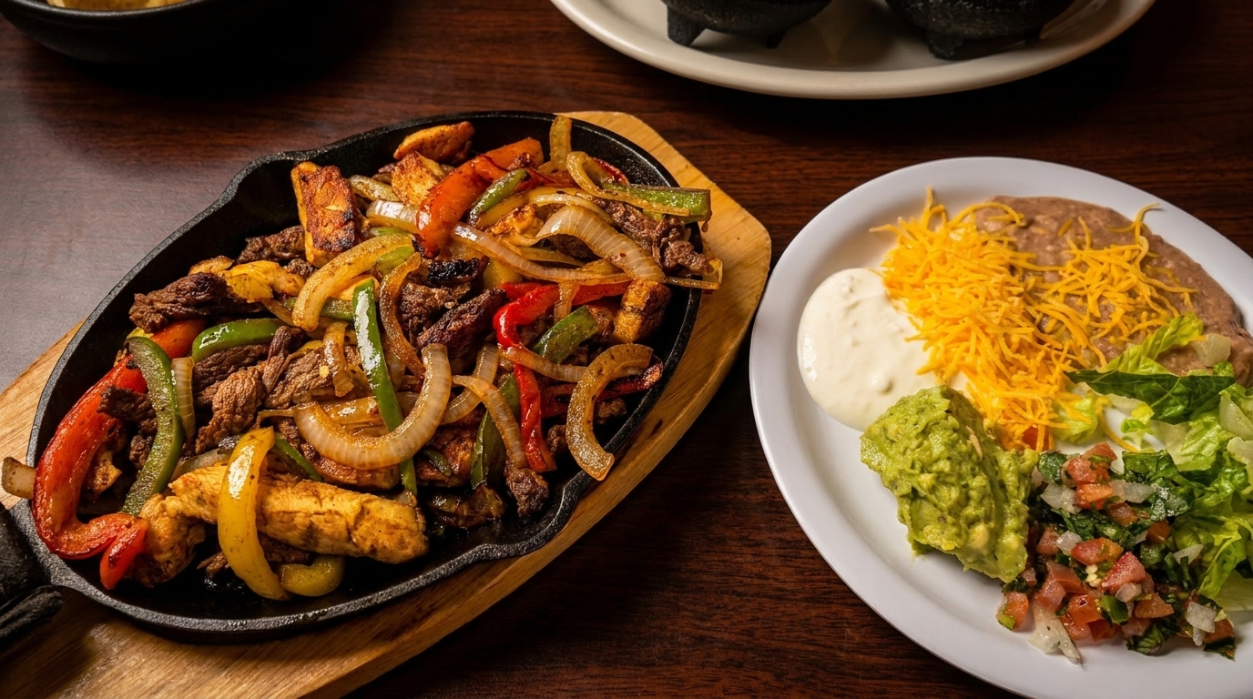 Sizzling fajitas with beef, chicken, onions, and peppers, served with refried beans, cheese, and guacamole.