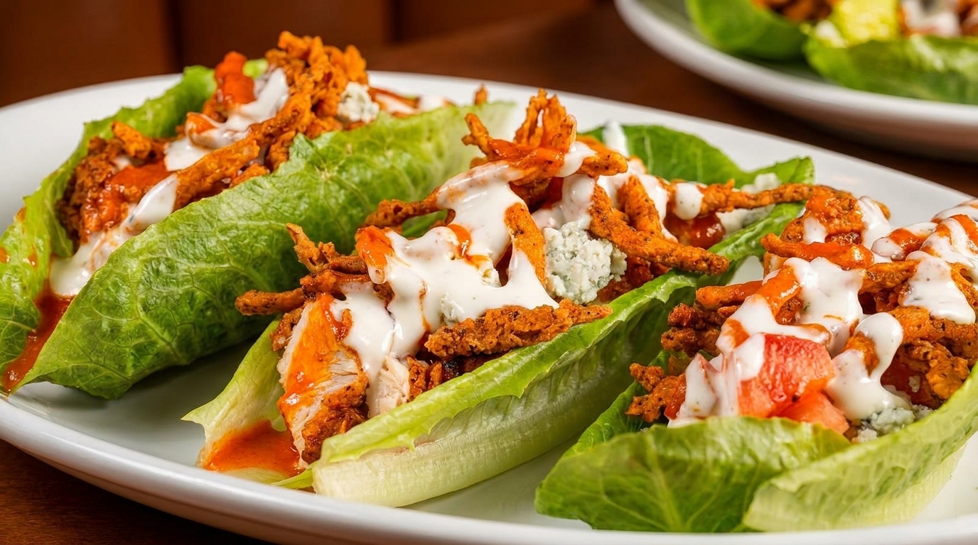 Three buffalo chicken lettuce wraps with blue cheese crumbles, crispy onions, and ranch dressing.