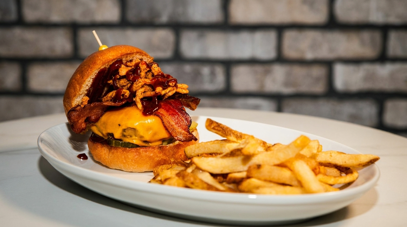 A gourmet cheeseburger with bacon, crispy onions, and BBQ sauce, served with fries on a white plate.