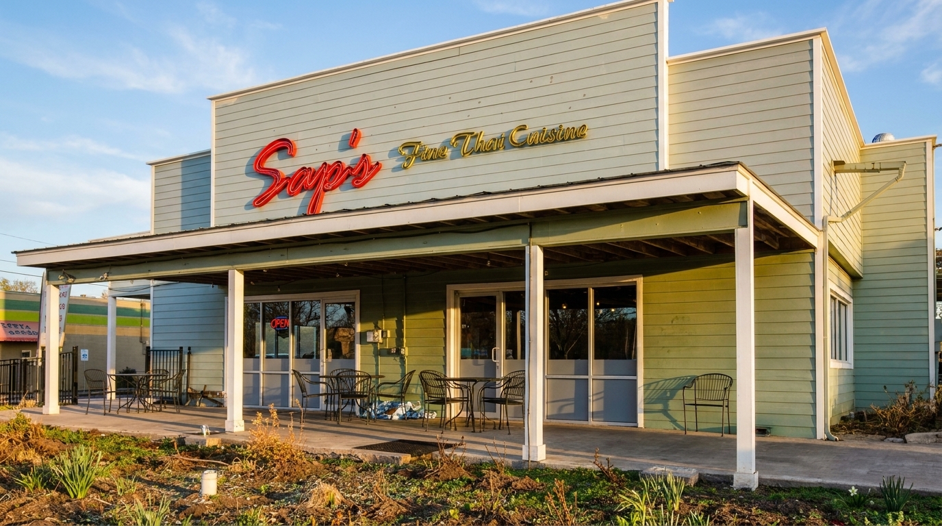 Exterior of Sap's Fine Thai Cuisine restaurant with a covered patio and outdoor seating under a blue sky.