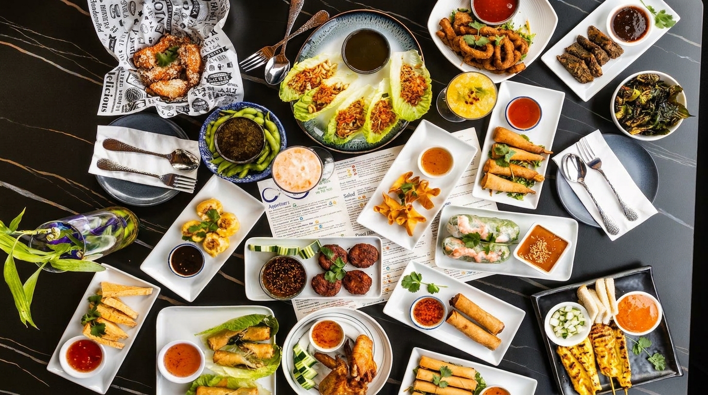 A black table laden with various Thai appetizers, including spring rolls, lettuce wraps, and skewers.