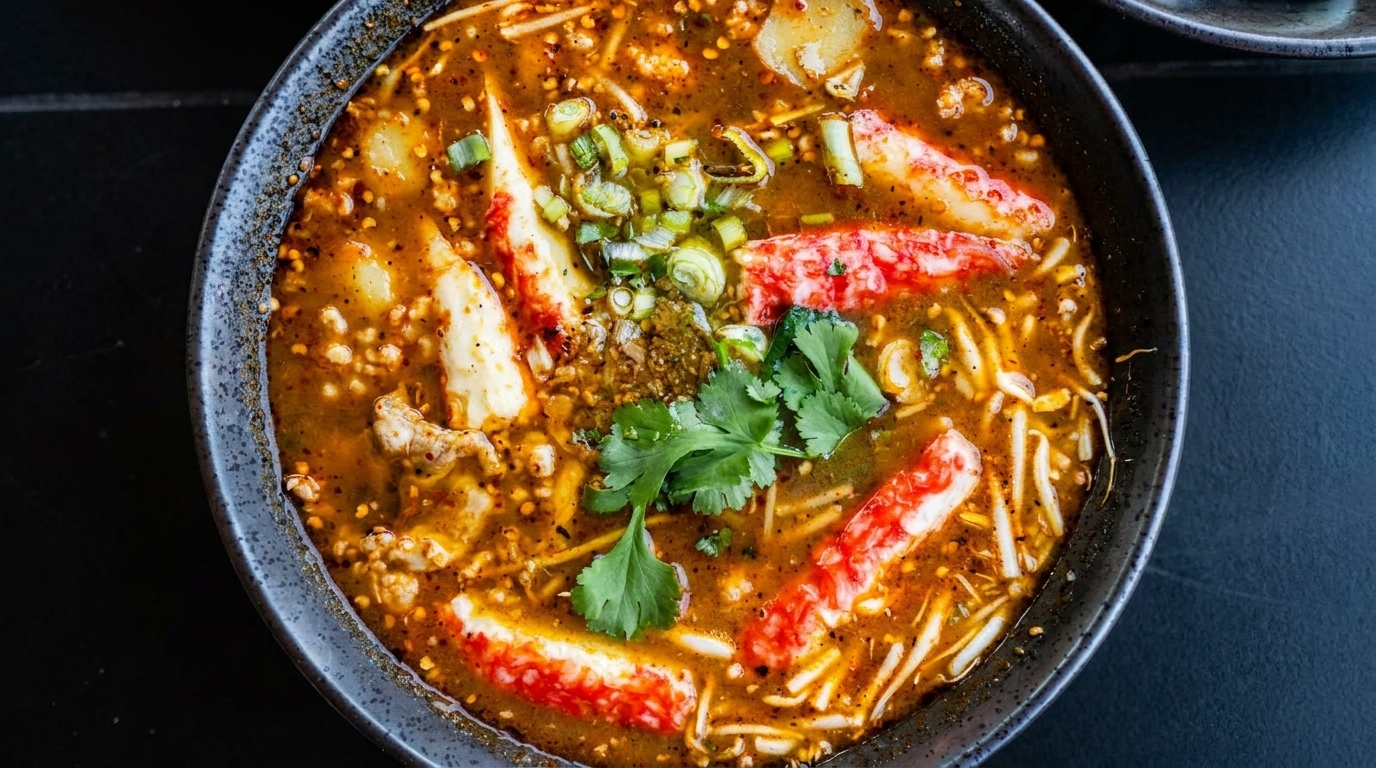 Spicy ramen with crab sticks, green onions, and cilantro in a dark bowl.