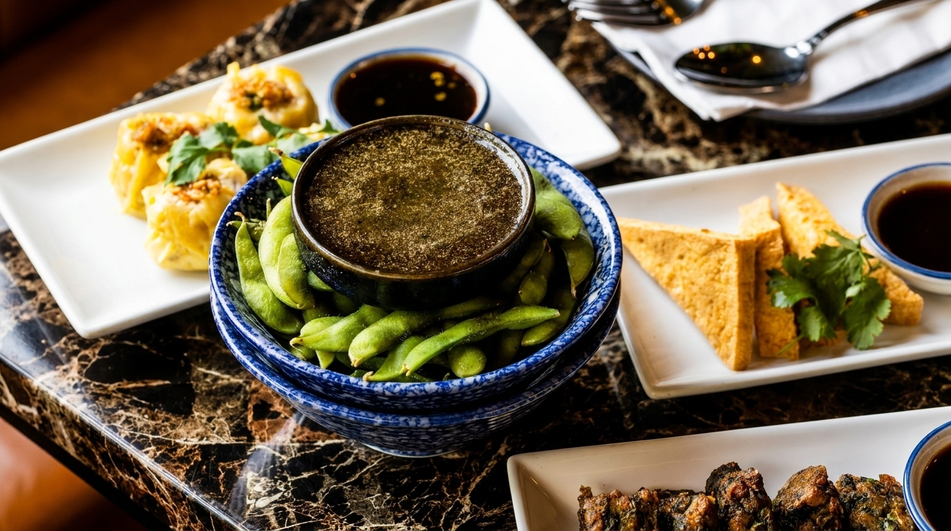 Assortment of Asian appetizers including edamame, dumplings, fried tofu, and fritters on a marble table.