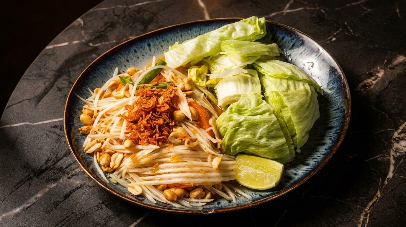 A vibrant papaya salad with peanuts, fried shallots, lettuce, and a lime wedge in a blue bowl.