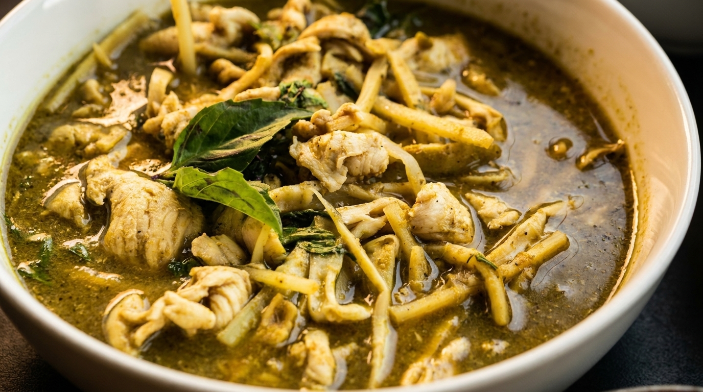 Close-up of a bowl of green curry with chicken, bamboo shoots, and basil leaves.