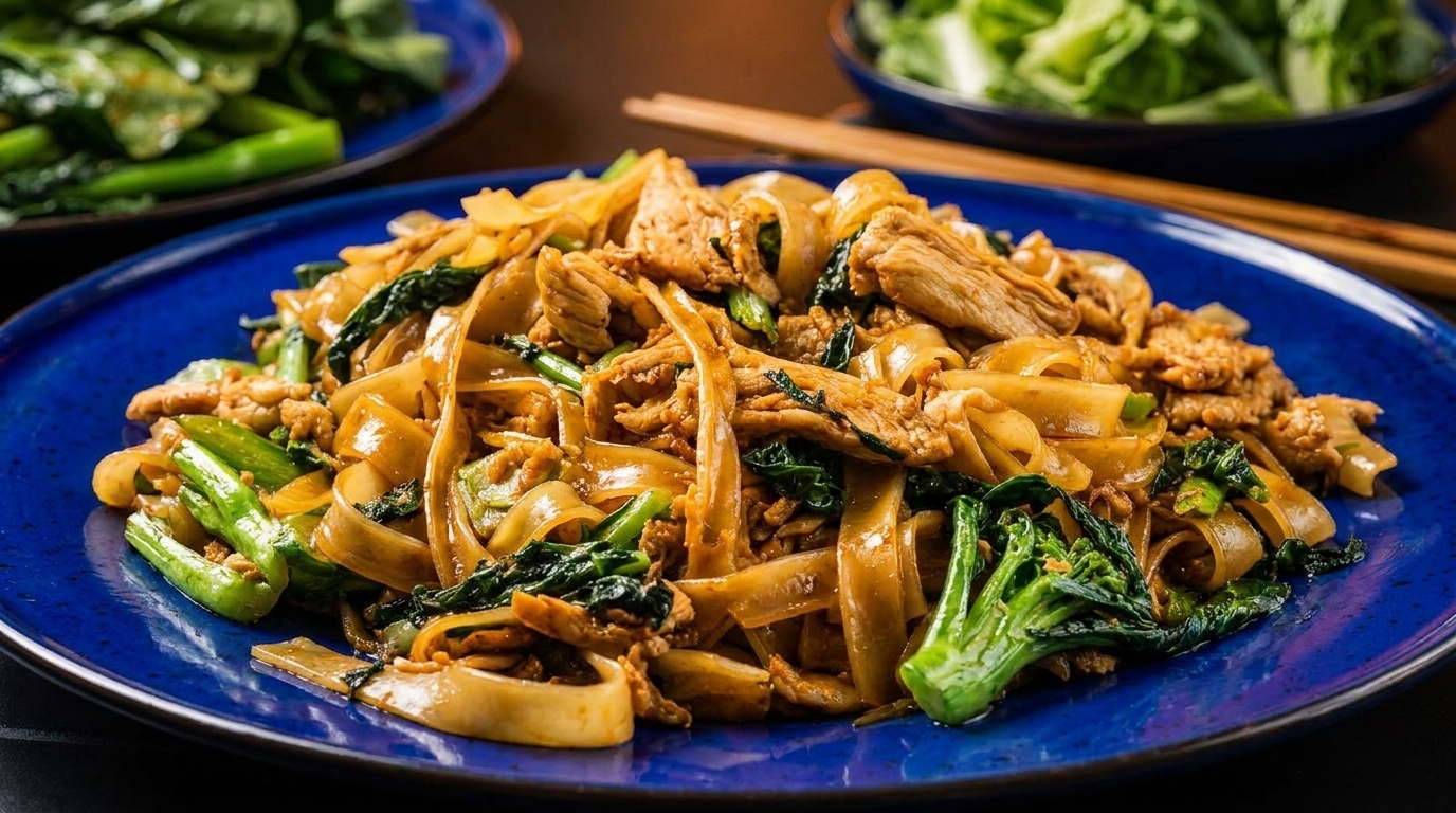 Close-up of Pad See Ew noodles with chicken and broccoli on a blue plate.