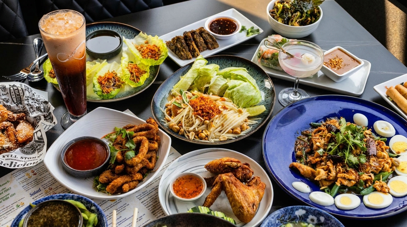 A table laden with various Thai dishes, including papaya salad, fried chicken, and drinks.