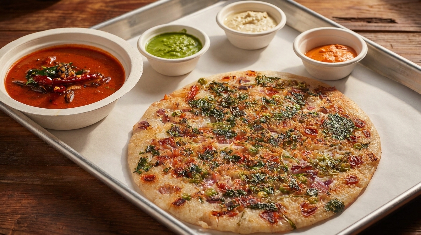 Uthappam with red, green, and white chutneys, and a bowl of sambar on a metal tray.