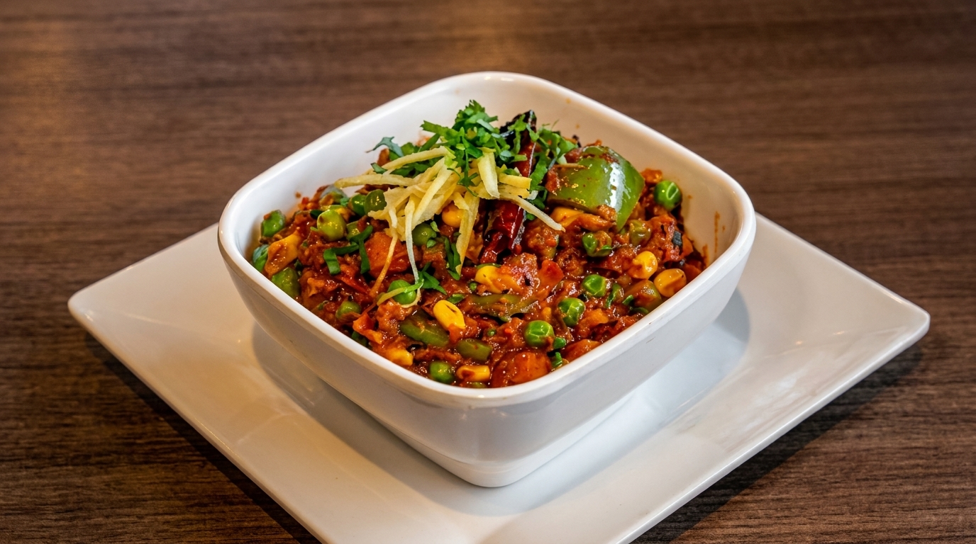 A white square bowl of colorful Indian curry with peas, corn, peppers, and ginger on a white plate.