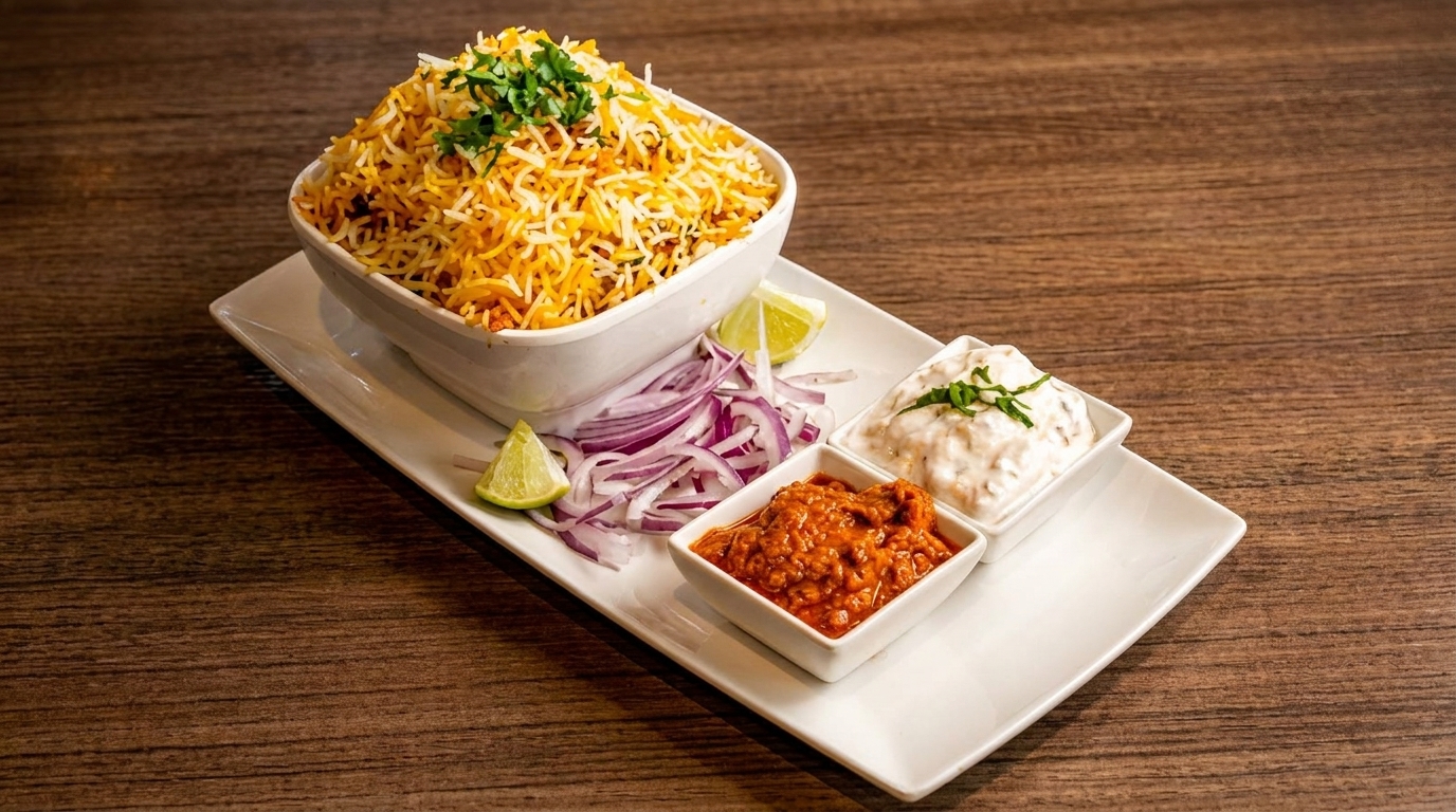 Chicken Biryani with red onions, lime, and two sauces on a white platter.