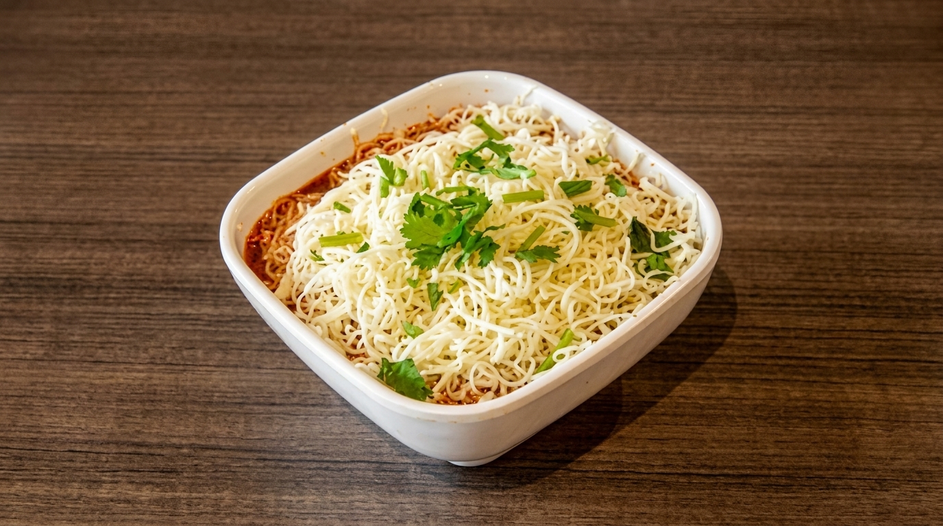 A square white bowl filled with noodles, red sauce, shredded cheese, and cilantro on a wooden table.