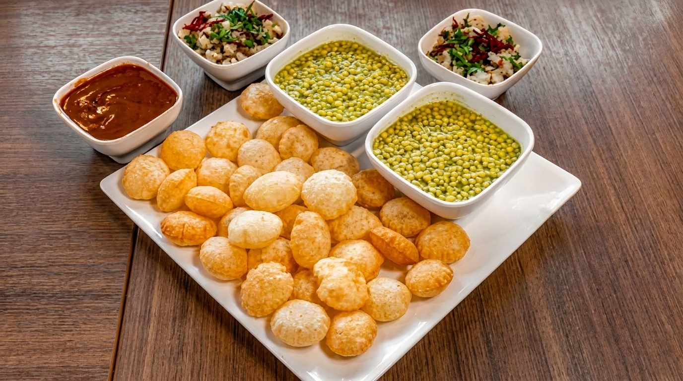 A plate of golden pani puri shells with bowls of green pani, tamarind chutney, and potato filling.