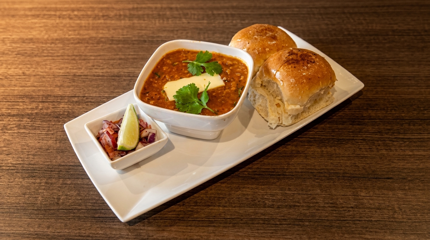 Pav Bhaji with butter, cilantro, and a side of chopped onions and lime on a white plate.