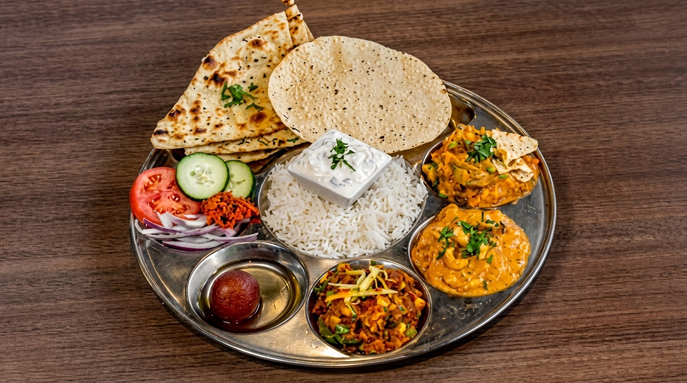 A traditional Indian thali with various dishes, including curries, rice, naan, papadum, and dessert.