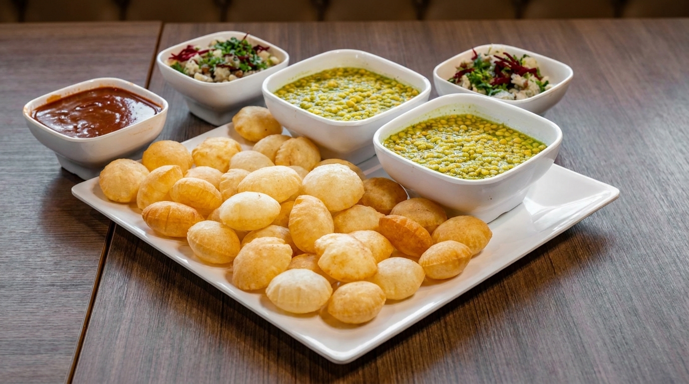 A platter of golden pani puri shells with bowls of green pani, chutney, and fillings on a wooden table.