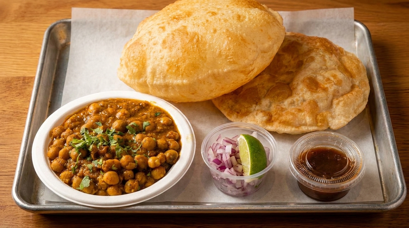 Chana masala with cilantro, two puri breads, diced red onions, lime, and chutney on a tray.