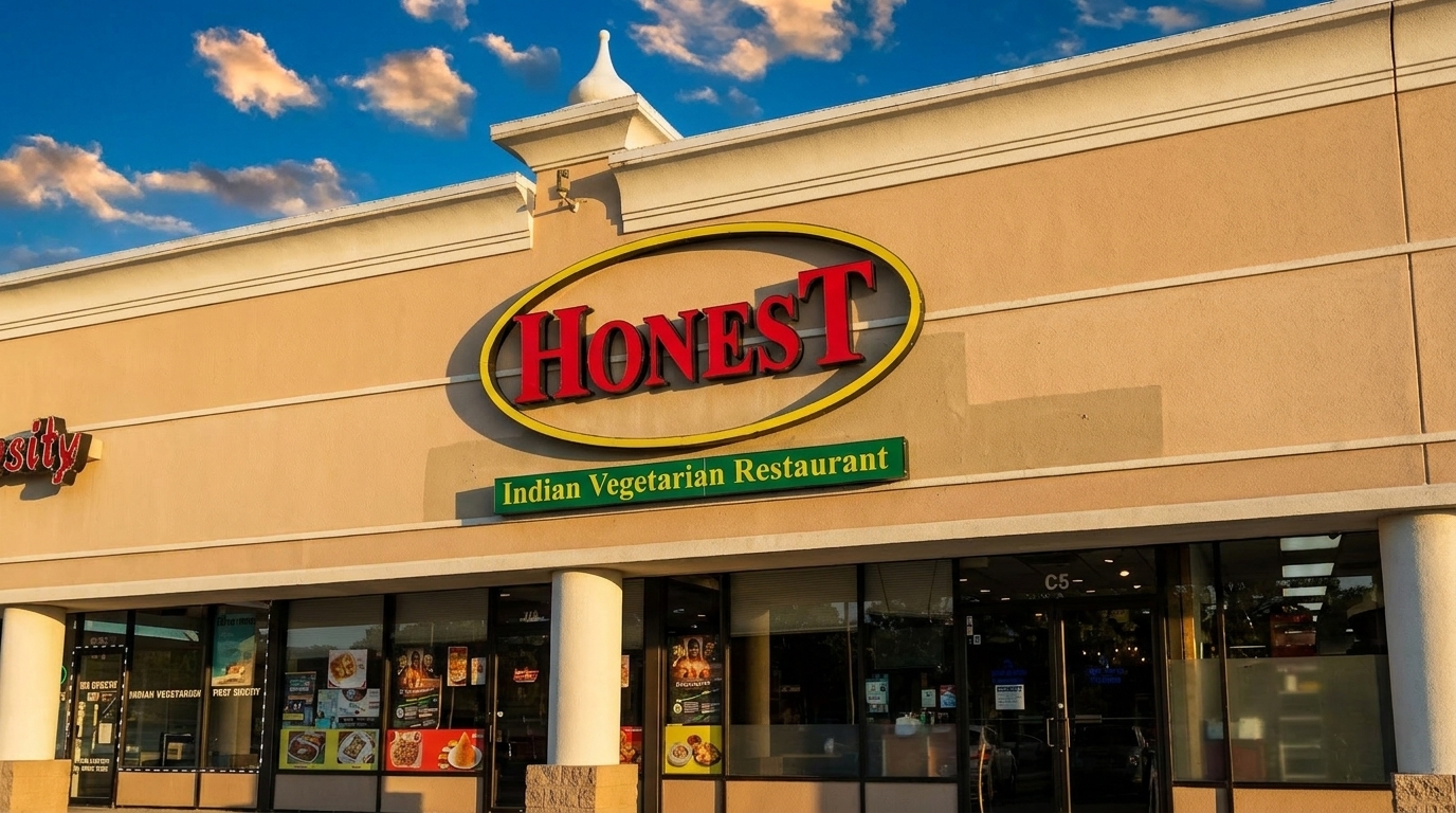 Exterior of Honest Indian Vegetarian Restaurant with a large red and yellow sign under a blue sky.
