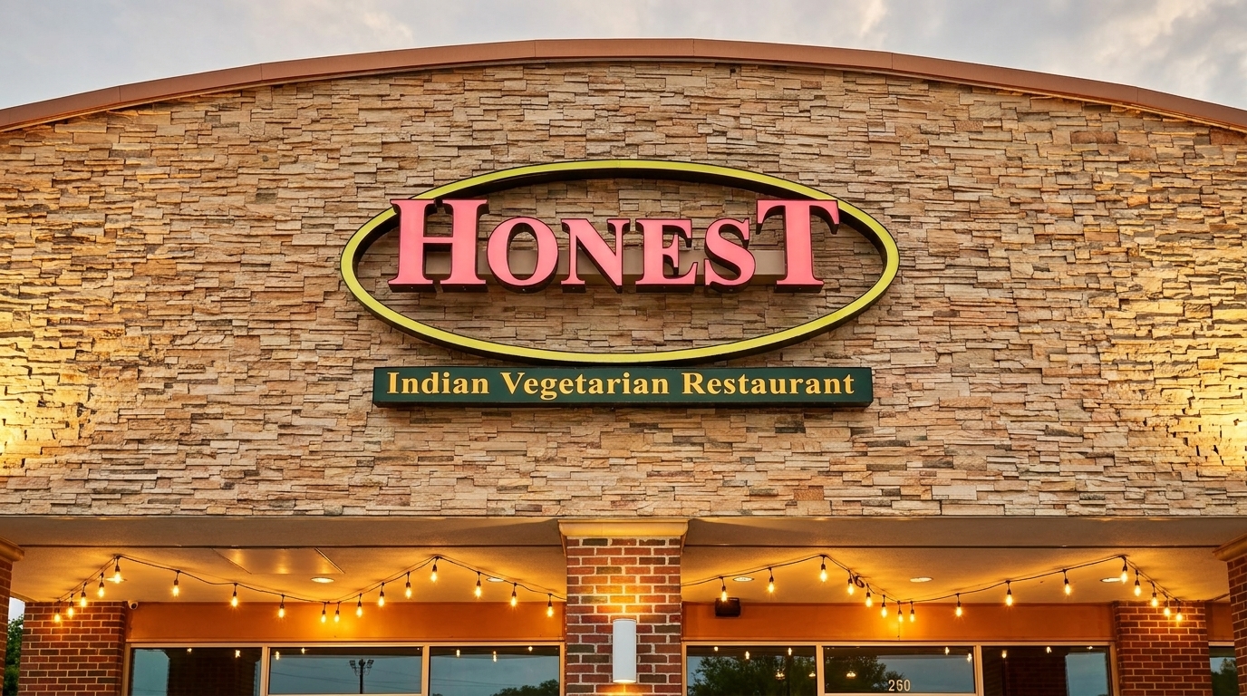 Exterior of Honest Indian Vegetarian Restaurant with a stone facade and string lights.
