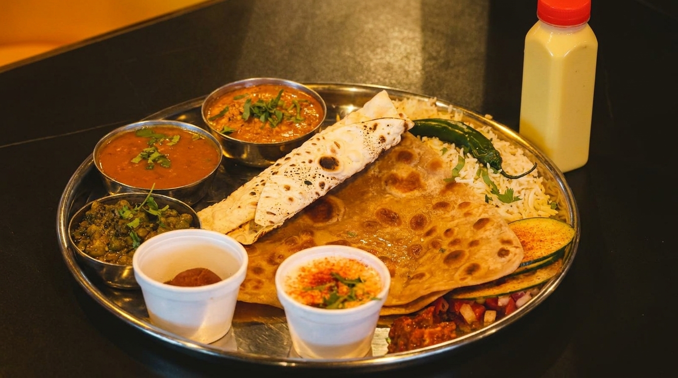 A thali platter with various Indian dishes, including curries, flatbreads, rice, and a drink.