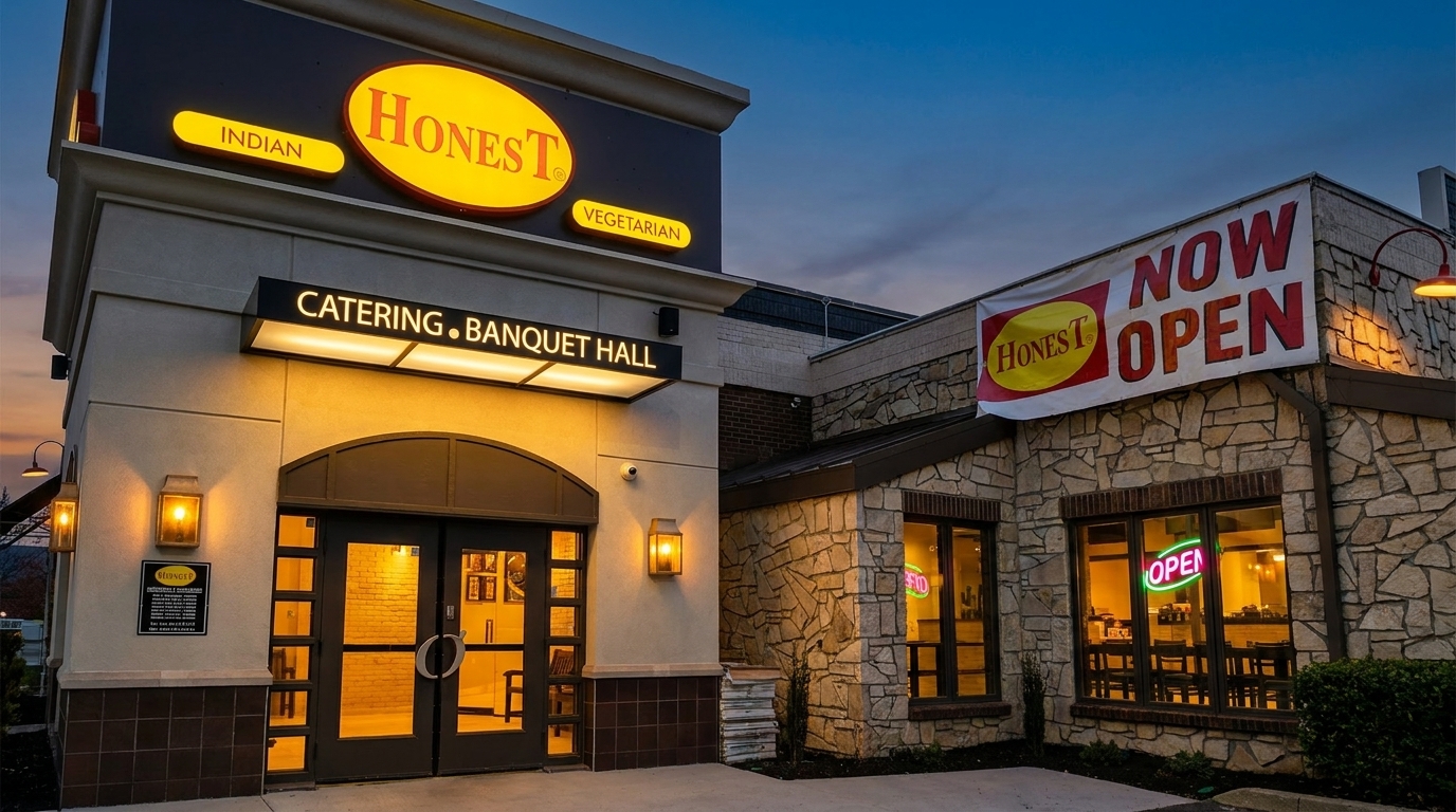 Exterior of Honest restaurant at dusk, with "Now Open" banner and illuminated signs for Indian Vegetarian cuisine.