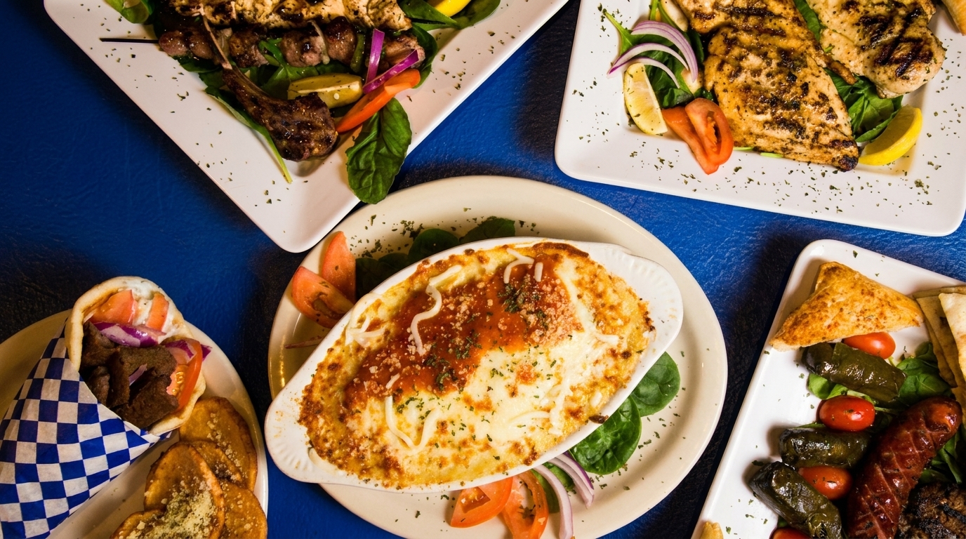 Overhead view of a blue table laden with various Greek dishes, including gyros, baked pasta, and grilled meats.