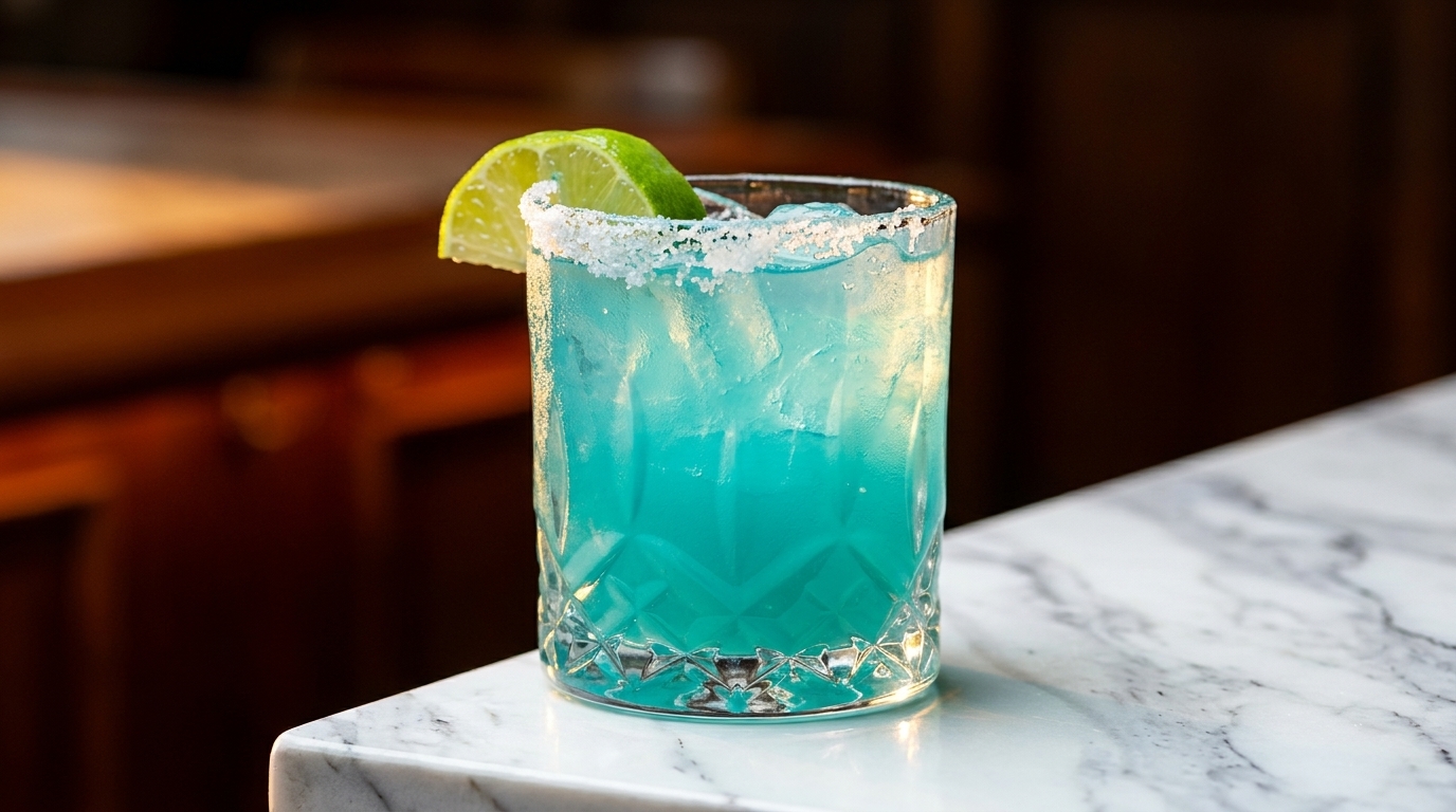 Blue cocktail with ice, a salted rim, and a lime wedge on a marble surface.