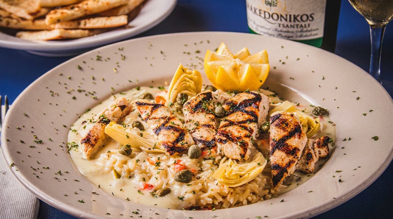 Grilled chicken and rice pilaf with artichokes, capers, and lemon, served with pita bread and wine.
