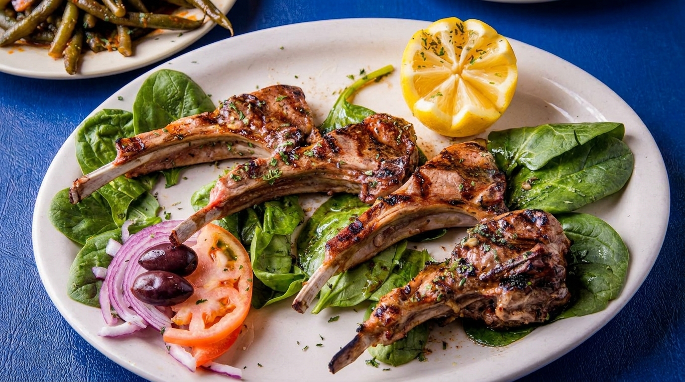 Grilled lamb chops with spinach, tomato, red onion, olives, and a lemon wedge on a white plate.