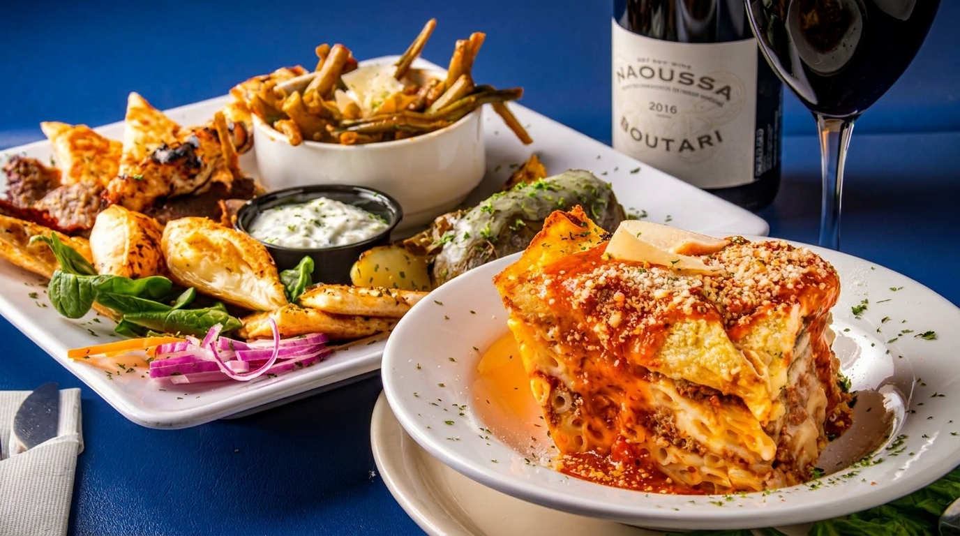 A Greek feast with moussaka, a platter of meats and pita, green beans, and red wine.