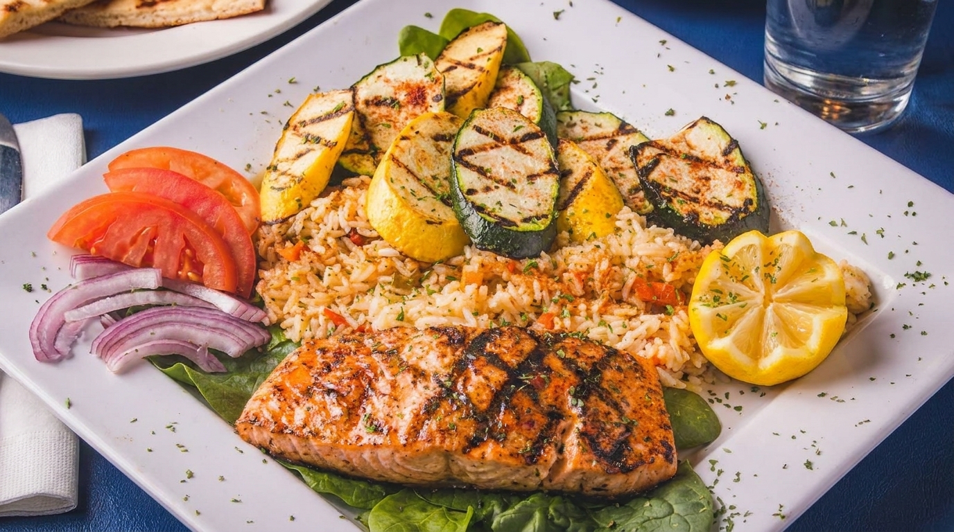 Grilled salmon with rice, zucchini, squash, tomatoes, red onions, and a lemon wedge.