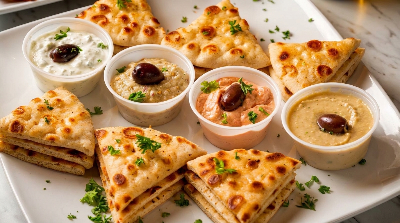 A white platter holds pita bread triangles and four small cups of dips, each topped with an olive.