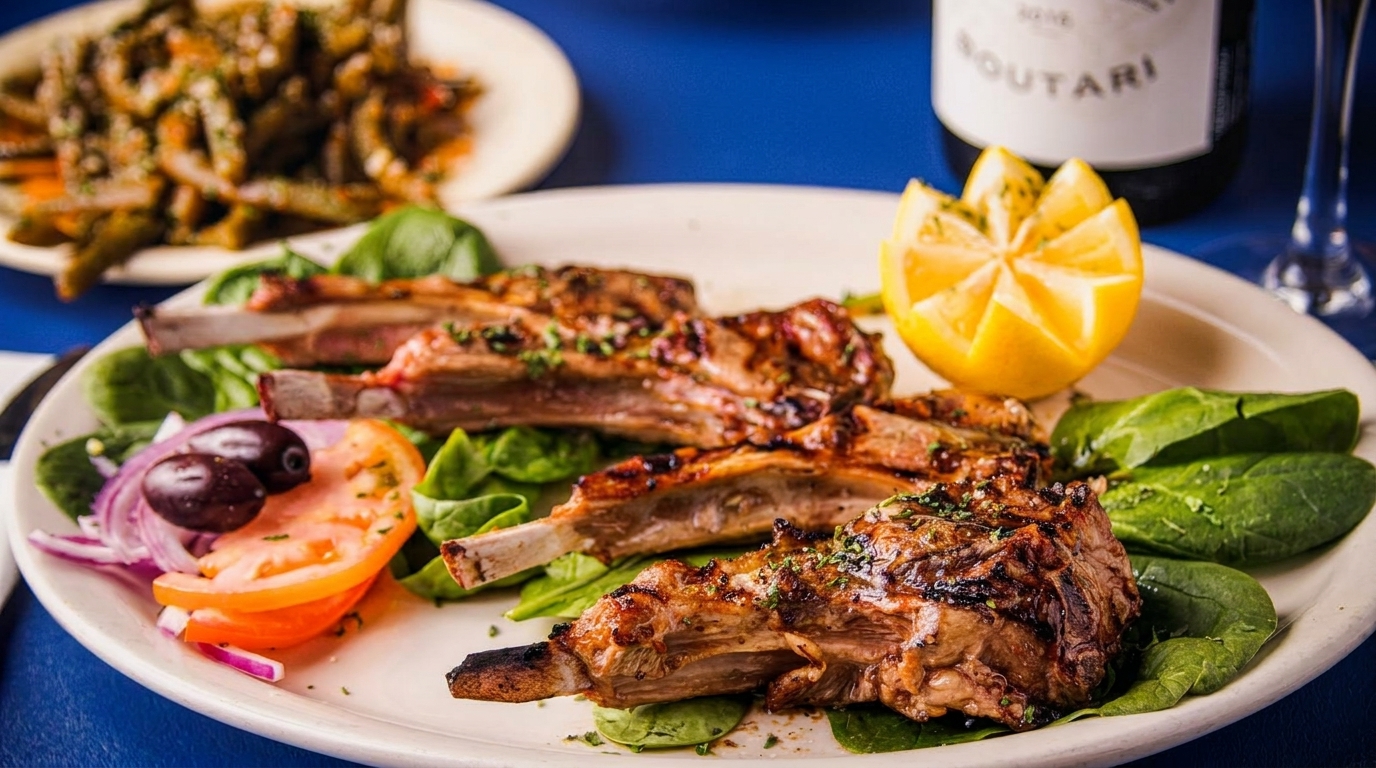 Grilled lamb chops with spinach, tomato, red onion, olives, and a carved lemon on a white plate.