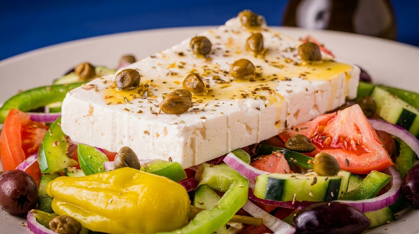 Close-up of a Greek salad with a large block of feta cheese, capers, and fresh vegetables.