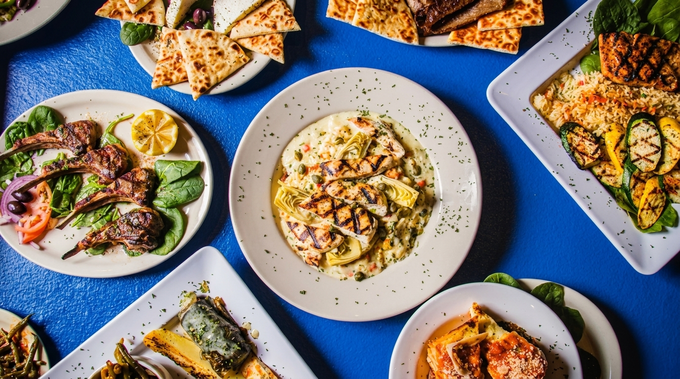 Overhead view of various Greek dishes, including lamb chops, grilled chicken, and pita bread.