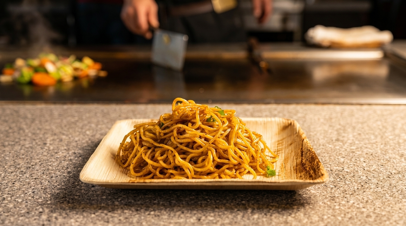 A plate of noodles with green onions in the foreground, with a chef cooking vegetables in the background.