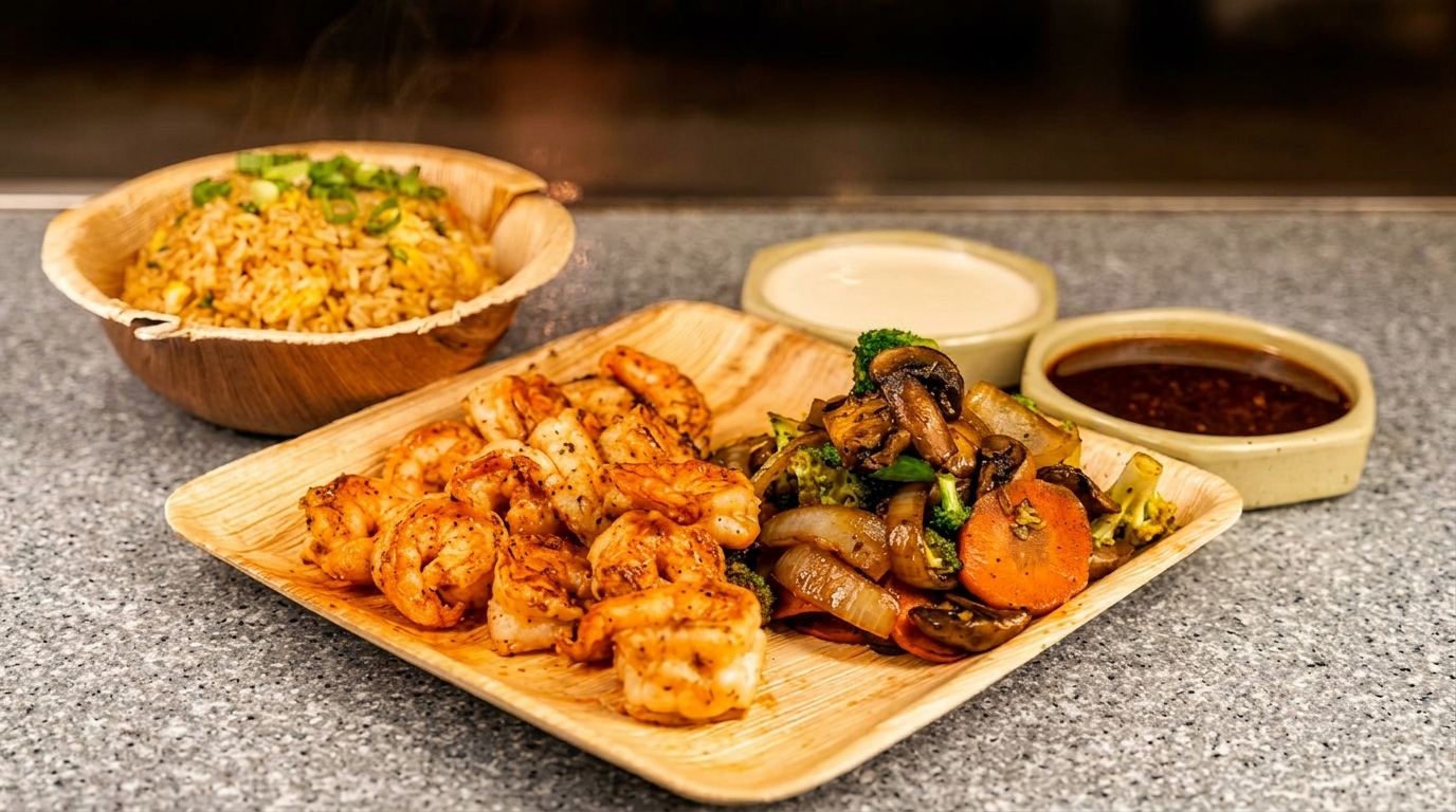 Shrimp, mixed vegetables, and fried rice in bamboo bowls, with two dipping sauces.