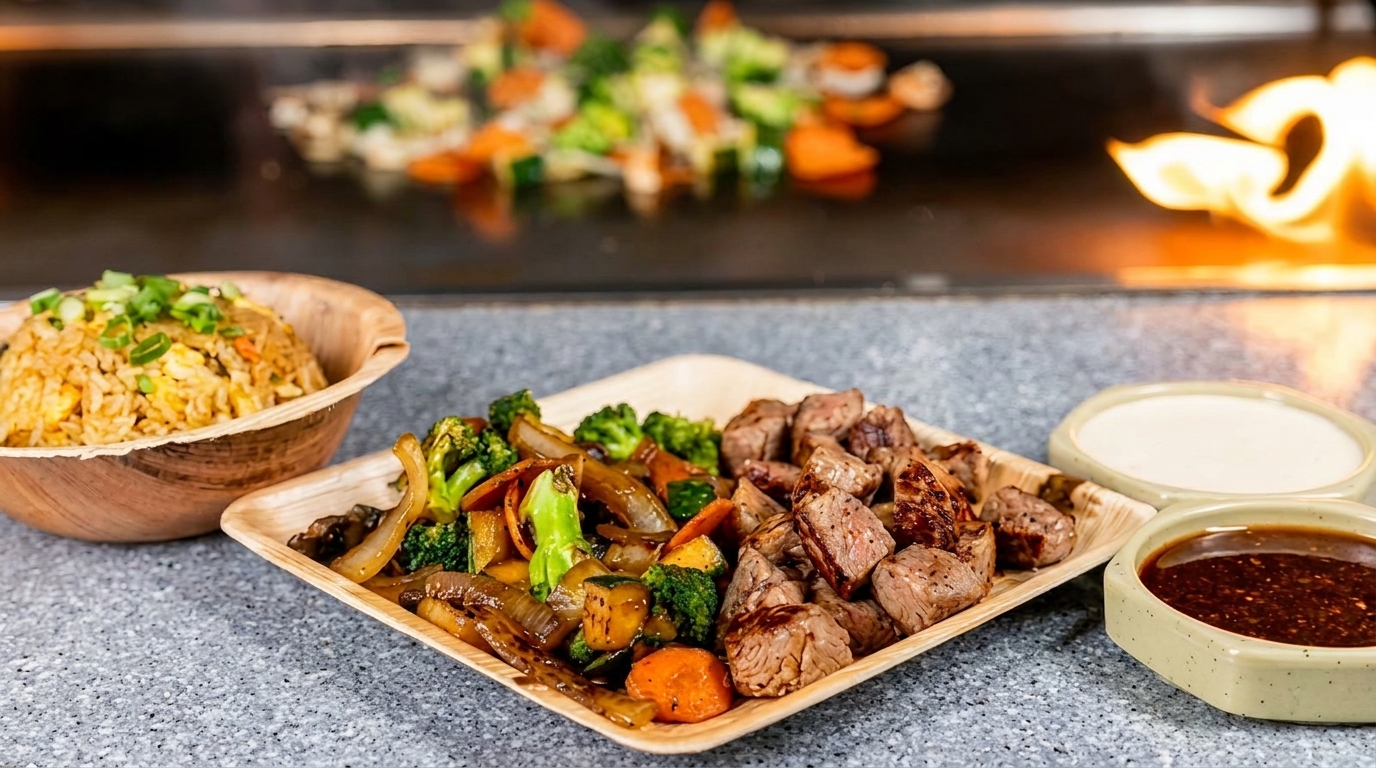 Hibachi steak, vegetables, and fried rice with two dipping sauces, cooking on a flaming grill.