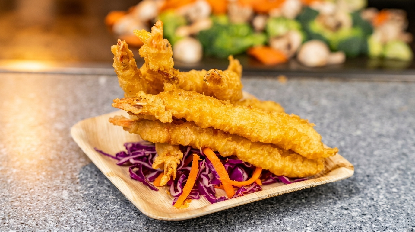Golden-fried shrimp tempura on a bed of shredded purple cabbage and carrots, with vegetables in the background.